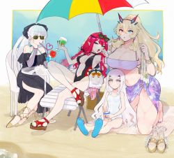 Rule 34 | 4girls, beach, beach chair, beach umbrella, blonde hair, blue eyes, braid, breasts, cernunnos (fate), cleavage, crazy straw, drinking straw, earrings, eyewear on head, barghest (fate), melusine (fate), baobhan sith (fate), fangs, fate/grand order, fate (series), flip-flops, food, grey eyes, heart, heart-shaped eyewear, heart straw, jewelry, large breasts, long hair, medium breasts, morgan le fay (fate), multicolored eyes, multiple girls, nail polish, one-piece swimsuit, ponytail, red eyes, red hair, sand, sandals, unworn sandals, sarong, shaved ice, shitappa, small breasts, strapless, sunglasses, swimsuit, tube top, umbrella