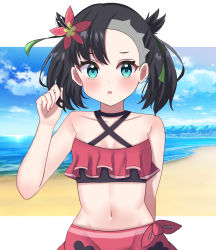 Rule 34 | 1girl, :o, api peko, arm behind back, bare shoulders, beach, bikini, black hair, blue sky, blush, breasts, cloud, collarbone, commentary request, creatures (company), flower, furrowed brow, game freak, green eyes, green ribbon, hair flower, hair ornament, hair ribbon, hand up, hibiscus, highres, horizon, looking at viewer, marnie (pokemon), medium hair, navel, nintendo, ocean, official alternate costume, parted lips, pokemon, pokemon masters ex, red flower, ribbon, sarong, sky, small breasts, solo, stomach, swimsuit, twintails, two side up, upper body