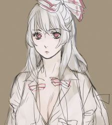 Rule 34 | 1girl, alternate hairstyle, asakura noi, bow, breasts, brown background, cleavage, collared shirt, female focus, fujiwara no mokou, grey hair, hair bow, large breasts, long hair, long sleeves, looking at viewer, open clothes, open shirt, parted lips, pink lips, puffy long sleeves, puffy sleeves, red eyes, shirt, sidelocks, simple background, solo, touhou, upper body, very long hair