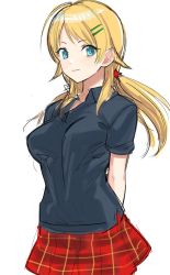 Rule 34 | 1girl, black shirt, blonde hair, blue eyes, breasts, closed mouth, commentary request, copyright request, cowboy shot, hair ornament, hairclip, large breasts, long hair, looking at viewer, low twintails, red skirt, shirt, skirt, smile, solo, standing, tetsu (kimuchi), twintails