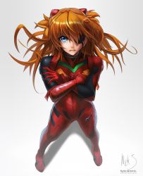 Rule 34 | 10s, 1girl, blue eyes, bodysuit, bracer, crossed arms, duct tape, evangelion: 3.0 you can (not) redo, eyepatch, floating hair, from above, full body, gloves, gradient background, gunbuster pose, hair ornament, hybridmink, legs apart, long hair, looking at viewer, neon genesis evangelion, orange hair, parted lips, pilot suit, plugsuit, rebuild of evangelion, serious, shadow, signature, souryuu asuka langley, standing, turtleneck, two side up, watermark, web address