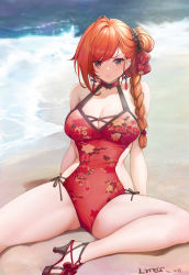 Rule 34 | 1girl, :t, absurdres, ahoge, arisugawa natsuha, bare legs, beach, braid, braided ponytail, breasts, chinese clothes, cleavage, floral print, hair bun, high heels, highres, idolmaster, idolmaster shiny colors, large breasts, looking at viewer, lrrer, on ground, one-piece swimsuit, orange hair, outdoors, pout, red one-piece swimsuit, side-tie swimsuit, side ponytail, single side bun, sitting, solo, spread legs, swimsuit