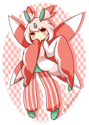 Rule 34 | 1girl, artist name, artist request, blush, creatures (company), dated, game freak, gen 7 pokemon, lurantis, nintendo, pants, personification, pink hair, pokemon, red eyes, short hair, sidelocks, smile, solo, source request, striped clothes, striped pants