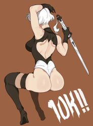 Rule 34 | 1girl, 2b (nier:automata), arm up, ass, bare arms, black footwear, black gloves, black leotard, boots, brown background, from behind, full body, gloves, hand up, high heel boots, high heels, holding, holding sword, holding weapon, invisible chair, katana, leotard, nier:automata, nier (series), porqueloin, short hair, simple background, sitting, skindentation, solo, sword, thigh boots, weapon, white hair, white leotard