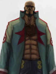 Rule 34 | 00s, 1boy, arms at sides, bald, beard, blue coat, blue pants, chest hair, closed mouth, coat, collarbone, dark-skinned male, dark skin, expressionless, facial hair, from below, grey background, long sleeves, looking at viewer, looking down, lordgenome, male focus, muscular, navel, open clothes, open coat, pants, ringed eyes, shikaku, simple background, solo, star (symbol), star print, stone lantern, tengen toppa gurren lagann