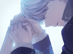 Rule 34 | 1boy, atlus, bad id, bad pixiv id, doujima nanako, fingernails, from side, gakuran, grey hair, hair over eyes, holding hands, long sleeves, narukami yuu, parted lips, persona, persona 4, profile, robinexile, school uniform, short hair, simple background, solo focus, upper body, white background