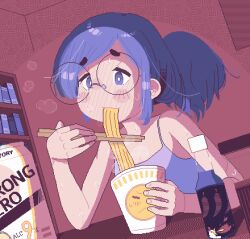 Rule 34 | 1girl, beer can, blue eyes, blue hair, blue tank top, blush stickers, bottle, can, chopsticks, commentary, dithering, drink can, dutch angle, eating, fluidvolt, food, glasses, holding, holding chopsticks, instant ramen, nissin cup noodle, noodles, original, pixel art, ponytail, round eyewear, sidelocks, sitting, solo, strong zero, sweat, symbol-only commentary, table, tank top, upper body