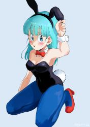 Rule 34 | 1girl, animal ears, aqua background, aqua hair, arm at side, armpits, bare arms, bare shoulders, black leotard, blue eyes, blue pantyhose, blunt bangs, blush, blush stickers, bow, bowtie, breasts, bulma, cleavage, collarbone, detached collar, dragon ball, dragon ball (classic), eyelashes, fake animal ears, fingernails, furrowed brow, hand up, high heels, highres, kneeling, leotard, long hair, medium breasts, open mouth, pantyhose, playboy bunny, rabbit ears, rabbit tail, red bow, red bowtie, red footwear, saza (gogo77 bb), shaded face, simple background, solo, straight hair, tail, wide-eyed, wrist cuffs