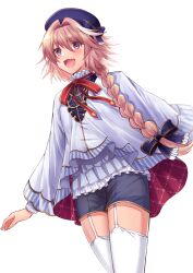 Rule 34 | 1boy, arms at sides, astolfo (angel breath) (fate), astolfo (fate), beret, blue hat, blue shorts, blush, bow, bowtie, braid, cloak, commentary request, cowboy shot, fang, fate/grand order, fate (series), frilled shirt collar, frills, garter straps, hair between eyes, hair intakes, hair over shoulder, hat, ittokyu, long braid, long hair, male focus, multicolored hair, official alternate costume, open mouth, pink hair, purple eyes, red bow, red bowtie, shorts, side braid, simple background, single braid, skin fang, streaked hair, thighhighs, trap, white background, white cloak, white garter straps, white hair, white thighhighs