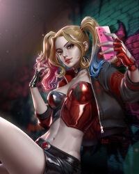Rule 34 | 1girl, artist name, blonde hair, blue hair, breasts, choker, dc comics, fingerless gloves, gloves, graffiti, harley quinn, highres, holding, holding phone, jacket, looking at viewer, medium breasts, midriff, navel, open clothes, open jacket, pale skin, phone, pink hair, r 1 c 0, solo, twintails