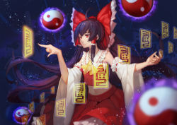 Rule 34 | 1girl, ahoge, armpits, ascot, blurry, bow, closed mouth, depth of field, detached sleeves, frills, glowing, gods (1073337800), hair bow, hair tubes, hakurei reimu, highres, light particles, long hair, midriff, night, night sky, ofuda, outdoors, pleated skirt, poking, red bow, red eyes, red skirt, skirt, skirt set, sky, solo, spell, star (sky), touhou, wide sleeves, yin yang