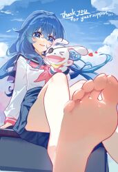 Rule 34 | 1girl, absurdres, bare legs, barefoot, blue eyes, blue hair, blue skirt, blue sky, cloud, commentary, commentary request, date a live, daxieshen huashi, english commentary, eyepatch, feet, foot focus, foot out of frame, foreshortening, hand puppet, highres, legs, long hair, long sleeves, mixed-language commentary, open mouth, outdoors, puppet, school uniform, sitting, skirt, sky, soles, toes, yoshino (date a live), yoshinon