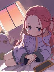 Rule 34 | 1girl, absurdres, blue archive, blush, bow, closed mouth, hair bow, handheld game console, highres, indoors, jacket, lk149, long hair, long sleeves, looking at viewer, no halo, peroro (blue archive), purple eyes, red hair, solo, stuffed toy, white bow, white jacket, window, yuzu (blue archive)