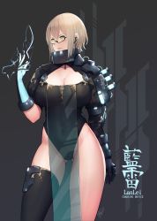 Rule 34 | 1girl, black gloves, black leotard, black thighhighs, blonde hair, blue eyes, breasts, cleavage, contrapposto, earphones, electricity, gauntlets, glasses, gloves, gluteal fold, hair between eyes, hayabusa (vert 320), highleg, highleg leotard, highres, huge breasts, leotard, mole, mole on breast, mole under eye, original, see-through clothes, semi-rimless eyewear, short hair, shrug (clothing), single gauntlet, single thighhigh, solo, thighhighs, thighs, under-rim eyewear