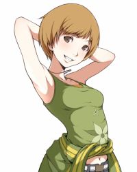 Rule 34 | 1girl, armpits, arms behind head, arms up, atlus, belt, blush, brown eyes, brown hair, female focus, grin, head tilt, ina (gokihoihoi), looking at viewer, navel, persona, persona 4, satonaka chie, shirt, short hair, simple background, sleeveless, smile, solo, tank top, teeth, tied shirt, uniform, upper body, white background
