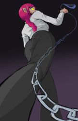 Rule 34 | 1girl, black pants, braid, braided ponytail, breasts, chainsaw man, closed mouth, collar, collared shirt, forced perspective, head tilt, highres, holding, holding collar, holding leash, leash, long hair, long sleeves, looking at viewer, makima (chainsaw man), medium breasts, necktie, pants, red eyes, red hair, ringed eyes, shirt, white shirt, wriizzyarts