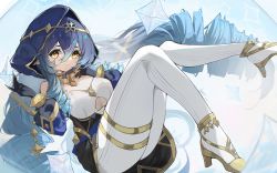 Rule 34 | 1girl, absurdres, black gloves, black skirt, blue hair, blue hood, blue sleeves, breasts, claw ring, cleavage, closed mouth, clothing cutout, commentary request, detached sleeves, drill hair, drill sidelocks, full body, genshin impact, gloves, gold, hair between eyes, high heels, highres, knees up, layla (genshin impact), long hair, looking at viewer, medium breasts, pantyhose, pointy ears, puffy sleeves, sidelocks, skirt, solo, split mouth, thighlet, underboob cutout, very long hair, white pantyhose, yamasede neiko, yellow eyes