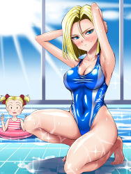 Rule 34 | 2girls, android 18, armpits, blonde hair, blue eyes, blush, bow, breasts, cleavage, collarbone, competition swimsuit, double v, dragon ball, dragonball z, hair bow, hair intakes, innertube, kneeling, marron (dragon ball), mature female, mother and daughter, multiple girls, nail polish, navel, on one knee, one-piece swimsuit, partially submerged, pool, sen (sansui), sparkle, sun, swim ring, swimsuit, toenail polish, toenails, twintails, v, wet, window