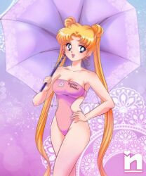 Rule 34 | 1girl, bishoujo senshi sailor moon, blonde hair, blue eyes, breasts, cleavage, double bun, earrings, hair bun, hand on own hip, jewelry, leotard, long hair, medium breasts, one-piece swimsuit, parted bangs, pink one-piece swimsuit, saotome nanda, smile, solo, strapless, strapless one-piece swimsuit, stud earrings, swimsuit, tsukino usagi, twintails, umbrella, very long hair