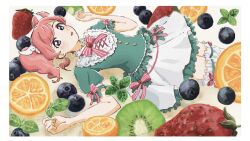 Rule 34 | 1girl, aikatsu!, aikatsu! (series), all day long, amahane madoka, blue dress, blue eyes, blueberry, blush, border, collar, collared dress, cross-laced clothes, dress, food, fruit, hands up, highres, kiwi (fruit), kiwi slice, lemon, lemon slice, long hair, looking at viewer, lying, mint, neck ribbon, on back, open mouth, pink hair, pink ribbon, puffy short sleeves, puffy sleeves, ribbon, short sleeves, solo, strawberry, thighhighs, twintails, white border, white collar, white thighhighs, wing hair ornament