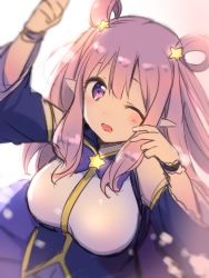 Rule 34 | 1girl, breasts, elf, gucchiann, hatsune (princess connect!), highres, large breasts, long hair, looking at viewer, open mouth, pink hair, pointy ears, princess connect!, purple eyes