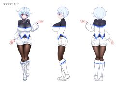 Rule 34 | 1girl, absurdres, belt, black pantyhose, blue hair, blush, book, boots, breasts, cape, character sheet, cleavage, closed mouth, cross-laced footwear, full body, highres, knee boots, lace-up boots, large breasts, long sleeves, looking at viewer, multiple views, namamii, original, pantyhose, red eyes, short hair, smile, white cape, white footwear, yuki onna