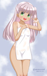 Rule 34 | 1girl, blunt bangs, dated, green eyes, grey hair, hair ribbon, index finger raised, kantai collection, long hair, maestrale (kancolle), masara (chuujou), naked towel, one-hour drawing challenge, one-piece tan, one side up, open mouth, ribbon, round teeth, smile, solo, standing, tan, tanline, teeth, towel, twitter username, upper teeth only