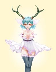 Rule 34 | 1girl, antlers, artoise, c (control), choker, dress, fur, highres, horns, looking at viewer, no panties, pointy ears, q (control), simple background, solo, thighhighs