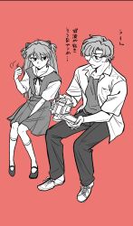 Rule 34 | 1boy, 1girl, aida kensuke, camera, dress, evangelion: 3.0+1.0 thrice upon a time, expressionless, freckles, frown, full body, glasses, greyscale with colored background, hair ornament, hairclip, highres, japanese text, long hair, looking at another, neon genesis evangelion, playing with own hair, rebuild of evangelion, school uniform, sitting, souryuu asuka langley, sweat, tokyo-3 middle school uniform, translation request