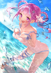 Rule 34 | 1girl, @ @, absurdres, ahoge, anchor hair ornament, bent over, blue hair, blue sky, blunt bangs, blush, breasts, cleavage, collarbone, colored inner hair, day, dutch angle, flower, foot out of frame, hair flower, hair ornament, hair rings, hands on own chest, highres, hololive, huge filesize, large breasts, long hair, looking at viewer, minato aqua, multicolored hair, ocean, one-piece swimsuit, open mouth, outdoors, pink flower, pink hair, purple eyes, rin31153336, sandals, sky, solo, standing, strap slip, swimsuit, tearing up, thighhighs, twintails, virtual youtuber, wading, water, white thighhighs