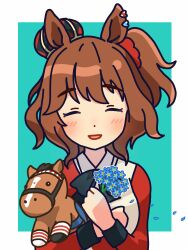 Rule 34 | 1girl, absurdres, animal ears, aston machan (umamusume), blush, bow, bowtie, breasts, brown hair, closed eyes, crown, facing viewer, flower, highres, holding, holding flower, horse ears, long sleeves, medium breasts, ooishi oil, open mouth, petals, red shirt, shirt, short hair, side ponytail, smile, solo, stuffed toy, umamusume, upper body