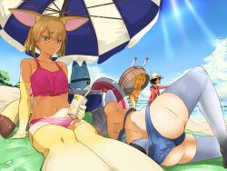 Rule 34 | 10s, 4girls, :d, animal ears, arm support, armpits, arms up, ass, back, bare shoulders, beach, beach towel, beach umbrella, bikini, black hair, blonde hair, blue bikini, blue sky, carrying, closed mouth, collarbone, common raccoon (kemono friends), cup, day, drinking straw, elbow gloves, extra ears, fennec (kemono friends), foreshortening, fox ears, fox tail, gloves, grey hair, hat feather, helmet, highres, holding, hood, hood down, hoodie, horizon, innertube, kaban (kemono friends), kemono friends, knee up, koshian (koukidesu), long sleeves, looking afar, looking at another, lucky beast (kemono friends), lying, multiple girls, navel, ocean, on ground, on side, open mouth, outdoors, pink bikini, pith helmet, print bikini, print swimsuit, raccoon ears, raccoon tail, sand, serval (kemono friends), serval print, serval tail, shade, short hair, sitting, sky, smile, stomach, striped tail, sunlight, sweat, swim ring, swimsuit, tail, thighhighs, towel, umbrella, walking, water, yellow eyes, yellow legwear, | |