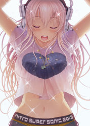 Rule 34 | 1girl, blush, breasts, clothes writing, closed eyes, glint, headphones, heart, heart print, highres, large breasts, long hair, mascot, midriff, navel, nitroplus, open mouth, pink hair, smile, solo, super sonico, sweat, textless version, tsuji santa, white background