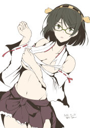 Rule 34 | 1girl, artist name, bare shoulders, black hair, breasts, cleavage, dated, detached sleeves, glasses, grey eyes, headgear, highres, kantai collection, kirishima (kancolle), large breasts, looking at viewer, midriff, navel, nontraditional miko, short hair, simple background, solo, taira yuuki, torn clothes, white background