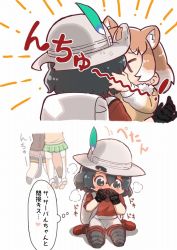 Rule 34 | &gt; &lt;, 10s, 3girls, animal ears, backpack, bag, black-tailed prairie dog (kemono friends), black gloves, black hair, blush, character request, embarrassed, emphasis lines, flying sweatdrops, fur collar, gloves, green skirt, grey hat, grey legwear, grey shorts, hands on own face, helmet, kaban (kemono friends), kemono friends, kiss, long sleeves, multiple girls, pantyhose, pith helmet, red footwear, red shirt, shirt, shoes, short shorts, shorts, simple background, sitting, skirt, tail, tanaka kusao, thighhighs, thought bubble, translation request, wariza, white background, yuri
