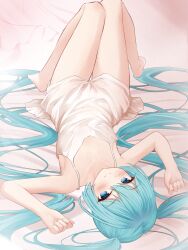 Rule 34 | 1girl, absurdres, aqua hair, arms up, blue eyes, blush, breasts, cleavage, dress, hatsune miku, highres, indoors, knees up, long hair, looking at viewer, lying, mikoo o39, small breasts, smile, solo, twintails, very long hair, vocaloid, white dress