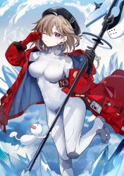 Rule 34 | 1girl, absurdres, asymmetrical gloves, bad id, bad twitter id, bodysuit, breasts, brown hair, coat, cocoritter (tower of fantasy), gloves, hat, highres, holding, holding staff, looking at viewer, medium breasts, one eye closed, parted lips, peneko, pink eyes, red coat, short hair, solo, staff, standing, standing on one leg, tower of fantasy, white bodysuit