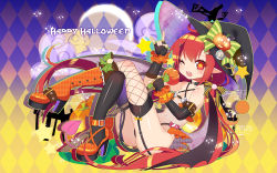 Rule 34 | 1girl, elbow gloves, fingerless gloves, gloves, halloween, happy halloween, hat, highres, mvv, one eye closed, original, pointy ears, red eyes, red hair, solo, star-shaped pupils, star (symbol), symbol-shaped pupils, thighhighs, vivian (mvv), wings, witch hat