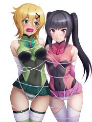 Rule 34 | 2girls, akatsuki kirika, alfort (may0508), arms behind back, bdsm, black hair, blonde hair, blunt bangs, bondage, bound, bound arms, breasts, commission, covered navel, gag, gagged, green eyes, green leotard, hair ornament, highres, improvised gag, leotard, long hair, medium breasts, multiple girls, panties, pink eyes, pink leotard, pixiv commission, restrained, senki zesshou symphogear, shiny clothes, shiny skin, short hair, simple background, skirt, small breasts, standing, striped clothes, striped legwear, striped panties, striped thighhighs, thighhighs, tsukuyomi shirabe, twintails, underwear, white background, x hair ornament