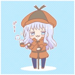 Rule 34 | 10s, 1girl, :&lt;, blue background, blue eyes, blue hair, blue pantyhose, blush, brown capelet, brown coat, brown footwear, brown hat, bubble, bubble pipe, cabbie hat, cane, capelet, chibi, closed mouth, coat, colored eyelashes, commentary request, fake facial hair, fake mustache, full body, grey skirt, hat, holding, kirara fantasia, long hair, mitarashi neko, pantyhose, pleated skirt, polka dot, polka dot background, sengoku kamuri, skirt, slow start, smoking pipe, solo, standing, translation request, very long hair
