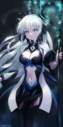 Rule 34 | 1girl, black bow, black dress, blue eyes, blush, bow, breasts, cleavage, clothing cutout, commentary request, dress, fate/grand order, fate (series), fingernails, grey hair, hair bow, holding, holding staff, holding weapon, kiya hajime, long hair, looking at viewer, medium breasts, morgan le fay (fate), navel, pelvic curtain, ponytail, pubic tattoo, solo, spikes, staff, stomach cutout, tattoo, tiara, twitter username, two-tone dress, very long hair, weapon, white dress