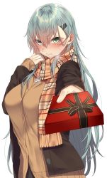 Rule 34 | 1girl, @ @, aqua hair, blazer, brown cardigan, brown jacket, cardigan, commentary request, cowboy shot, foreshortening, gift, green eyes, hair between eyes, hair ornament, hairclip, highres, incoming gift, jacket, kantai collection, long hair, looking at viewer, onineko-chan, plaid, plaid scarf, pleated skirt, pov, remodel (kantai collection), scarf, school uniform, simple background, skirt, solo, suzuya (kancolle), very long hair, white background