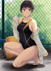 Rule 34 | 1girl, barefoot, black one-piece swimsuit, blue eyes, blush, breasts, brown hair, competition swimsuit, day, fence, full body, hair bun, highres, hiwatari rin, jacket, long sleeves, medium breasts, one-piece swimsuit, on one knee, original, outdoors, shadow, single hair bun, smile, solo, swimsuit, undressing, white jacket