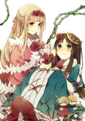 Rule 34 | 2girls, black hair, blonde hair, blue dress, bow, brown eyes, capelet, character doll, crown, dornroschen, dress, flower, frills, fur trim, green eyes, hair flower, hair ornament, hair ribbon, holding, long hair, maerchen (sound horizon), mugi (twinbox), multiple girls, pantyhose, plant, puffy sleeves, red flower, red footwear, red rose, ribbon, rose, schneewittchen, shoes, simple background, sitting, socks, sound horizon, striped clothes, striped legwear, striped socks, tettere, thorns, vertical-striped clothes, vertical-striped legwear, vertical-striped socks, vines, white background