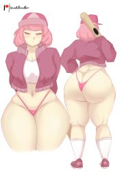 Rule 34 | 1girl, absurdres, artist name, ass, baseball bat, baseball cap, breasts, butt crack, cleavage, doki doki literature club, hat, highres, huge ass, jacket, large breasts, lewddoodler, looking at viewer, natsuki (doki doki literature club), navel, no pants, pink hair, shoes, short hair, sneakers, socks, solo, stomach, thick thighs, thighs, white background, wide hips