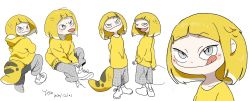 Rule 34 | :3, :d, :q, arms behind back, artist name, blonde hair, blunt bangs, blush stickers, character sheet, collarbone, dated, full body, grey eyes, grey shorts, half-closed eyes, highres, hood, hood down, hoodie, lizard tail, looking at viewer, monster girl, open mouth, original, personification, reptile girl, shirt, short hair, shorts, simple background, sitting, sketch, slit pupils, smile, standing, tail, tongue, tongue out, upper body, white background, yellow hoodie, yellow shirt, yellow theme, yogin