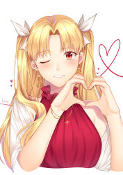 Rule 34 | 1girl, absurdres, bare shoulders, bitter sweet (fate/grand order), blonde hair, blush, commentary, cross, cross necklace, dress, earrings, english commentary, ereshkigal (bitter sweet) (fate), ereshkigal (fate), fate/grand order, fate (series), furureruu, hair ribbon, heart, highres, infinity symbol, jewelry, long hair, looking at viewer, necklace, one eye closed, parted bangs, red dress, red eyes, ribbon, shawl, signature, simple background, sleeveless, sleeveless dress, smile, solo, two side up, upper body, white background, white ribbon