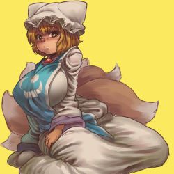 Rule 34 | 1girl, animal hat, blonde hair, blush, breasts, brown eyes, chanta (ayatakaoisii), dress, fox tail, full body, hat, large breasts, long sleeves, looking at viewer, mob cap, multiple tails, short hair, simple background, sitting, solo, tabard, tail, touhou, white dress, white hat, yakumo ran, yellow background