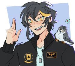Rule 34 | ace (playing card), ace of spades, ace windhover, bird, black hair, bomber jacket, dog tags, falcon, feathers, finger gun, highres, indie virtual youtuber, jacket, male focus, military, non-web source, nugget (ace windhover), pet, playing card, spade (shape), tess (tjmdoodles), virtual youtuber, yellow eyes