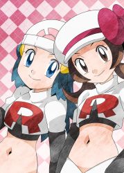 Rule 34 | 2girls, alternate costume, hairclip, beanie, breasts, brown eyes, brown hair, cabbie hat, closed mouth, cosplay, creatures (company), dawn (pokemon), game freak, hainchu, hat, jessie (pokemon), jessie (pokemon) (cosplay), long hair, looking at viewer, lyra (pokemon), multiple girls, nintendo, pokemon, pokemon (anime), pokemon dppt (anime), smile, team rocket, team rocket uniform, twintails